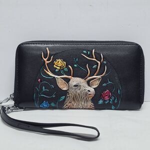 Zip Around Clutch Wallet Deer & Roses Embossed Black Faux Leather Wristlet